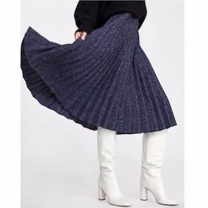Zara Blue Tweed Pleated Midi Skirt